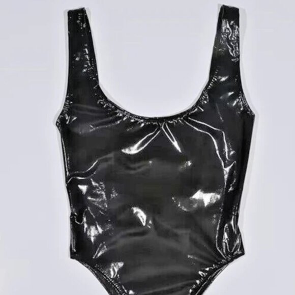 Elegant Women’s Black Shiny Bodysuit One-Piece Swimsuit with Thin Straps - Picture 3 of 8